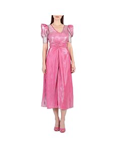 Rotate Ladies Silvery Pink Glo Puff-Sleeve Midi Dress