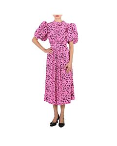 Rotate Ladies Super Pink Comb Puff-Sleeve Jaquard Midi Dress