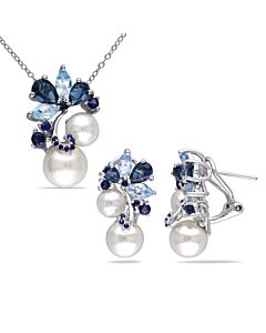 AMOUR 2-pc Set Of 5 3/4 CT TGW London and Sky Blue Topaz, Sapphire and Cultured Freshwater Pearl Cluster Earrings and Pendant with Chain In Sterling S