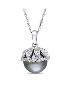 AMOUR 9 - 9.5 Mm Black Tahitian Pearl and 1/4 CT TW Diamond Drop Pendant with Chain In 14K White Gold
