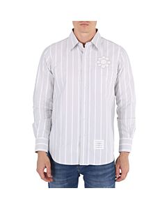 Thom Browne Men's Med Grey Floral Applique Striped Button Down Oxford Shirt