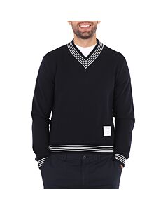Thom Browne Men's Navy Milano V-Neck Virgin Wool Sweater
