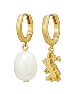 Tory Burch Pave Rabbit And Cultured Freshwater Pearl Mismatch Charm Hoop Earrings