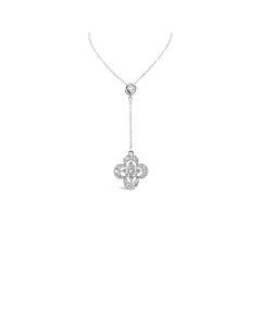 Tresorra 18K White Gold Clover Dangle Lariat Stlye Diamond Pendant Necklace