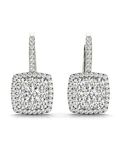 Tresorra 18K White Gold Cushion Halo Cluster Diamond Drop Earrings