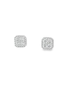 Tresorra 18K White Gold Cushion Halo Cluster Diamond Stud Earrings