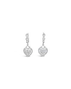 Tresorra 18K White Gold Floating Heart Halo Cluster Diamond Drop Earrings