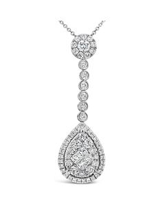 Tresorra 18K White Gold Pear Halo Cluster Diamond Pendant Drop Necklace