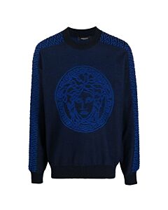 Versace Men's Navy Greca-Print Cotton Sweater