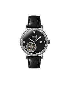 Women's AG Silver Collection Genuine Leather Black Dial Watch