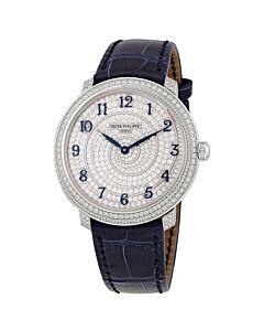 Women's Calatrava (Alligator) Leather Silver Diamond Pave Dial Watch