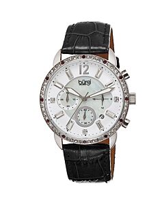 Women's Chronograph Black Genuine Leather Mother of Pearl Dial