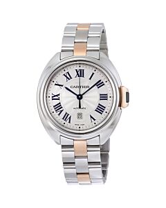 Women's Cle de Cartier Stainless Steel and 18kt Rose Gold Silvered Flinque Sunray Effect Dial