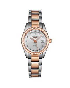Women's Conquest Classic Stainless Steel and 18kt Pink Gold White Mother of Pearl Dial Watch