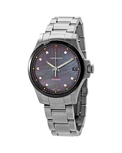 Women's Conquest V.H.P. Stainless Steel Black Mother of Pearl Dial Watch
