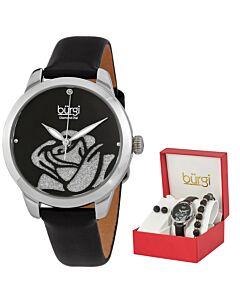 Women's Diamond Accented Flower Leather Black (Glitter Flower) Dial Watch