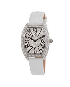 Women's Elegant Leather White Crystal Pave Dial Watch