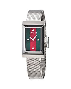Women's G-Frame Stainless Steel Mesh Green and Red Web Mother of Pearl Dial Watch