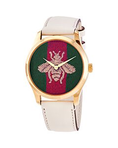 Women's G-Timeless (Calfskin) Leather Green and Red Web Nylon (Bee Embroidered) Dial Watch