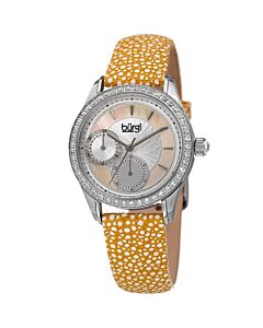 Women's Yellwo Polka Dot Leather Mother Of Pearl Dial