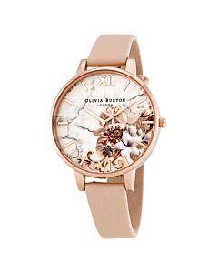 Women's Marble Floral Leather White Dial