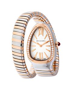 Women's Serpenti Tubogas Stainless Steel and 18kt Pink Gold Single-Spiral Silver Opaline with guilloché soleil treatment Dial Watch