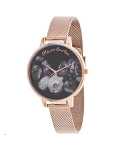 Women's Stainless Steel Black And Floral Unadorned Dial Watch