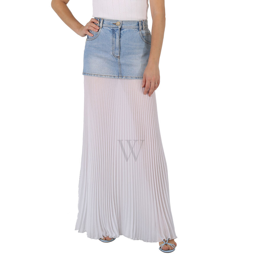 Ladies Long Blue And White High-waist Denim Pleated Skirt