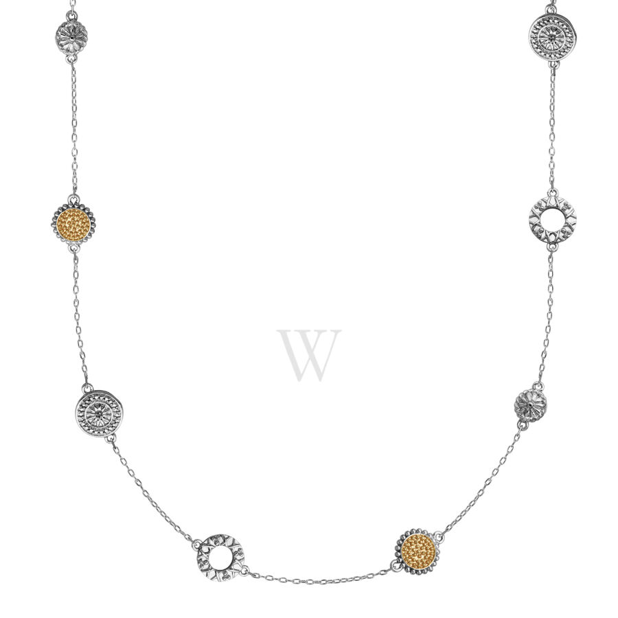 18k Yellow Gold Fine Silver and Rhodium Plated Bronze Two Tone Diamond Accent Nature Inspired Station Necklace, 24