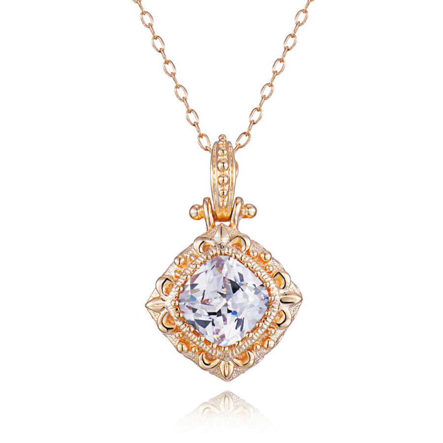 18k Yellow Gold Over Fine Silver Plated Bronze Two Tone Cushion Cut Cubic Zirconia Pendant Necklace, 18