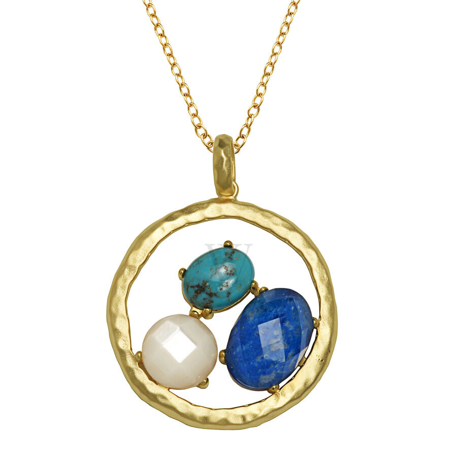 18k Yellow Gold Plated Sterling Silver Open Circle Genuine Lapis Doublet, Pearl and Chinese Turquoise Cluster Necklace, 18