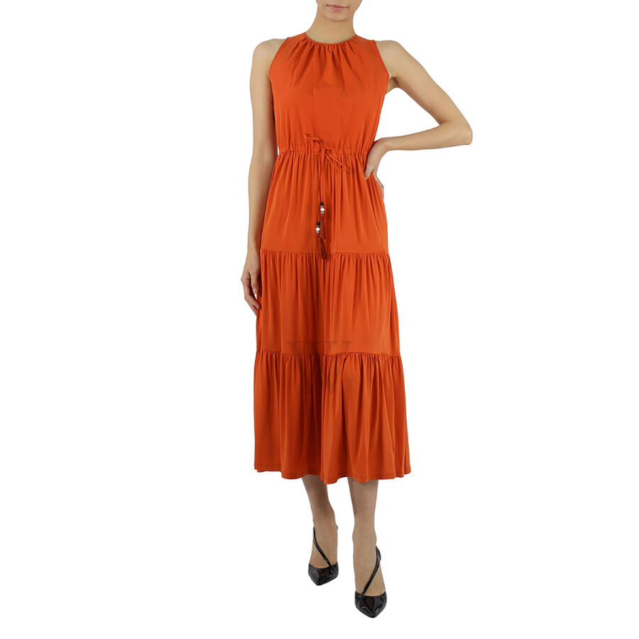 Ladies Orange Kren Jersey Tiered Sleeveless Midi Dress