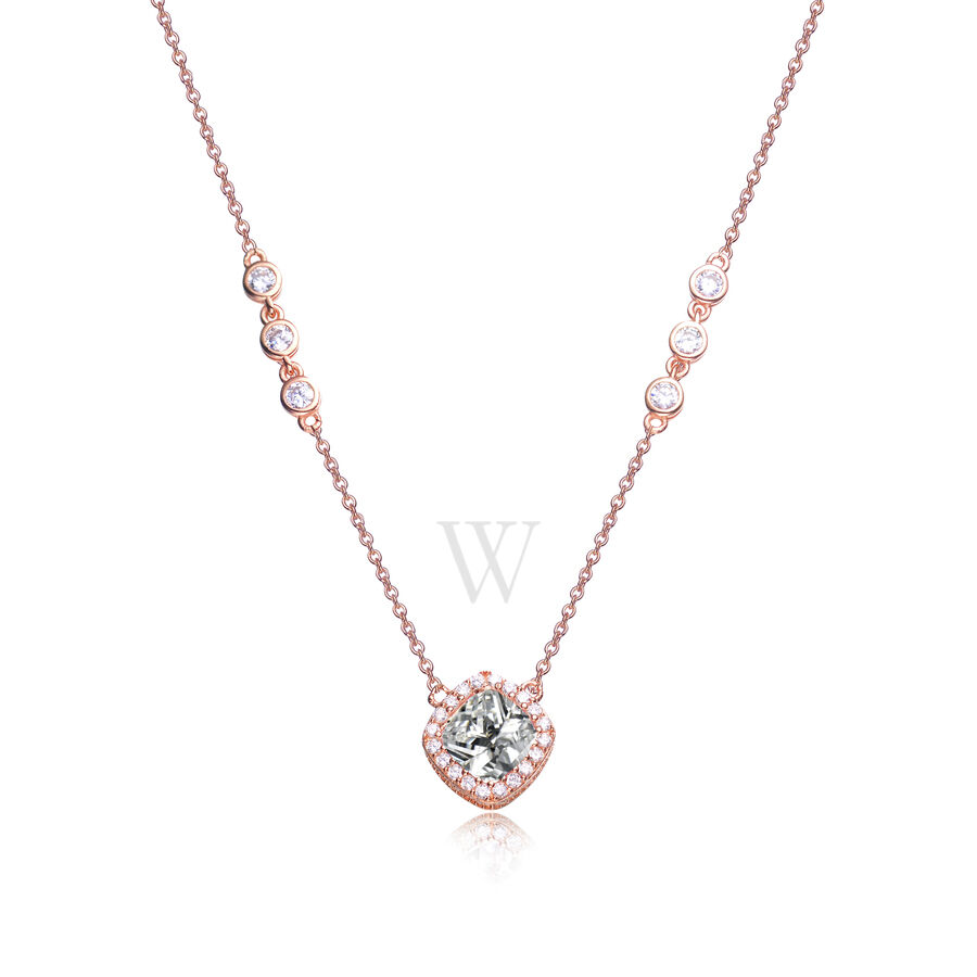 Elegant Rose Over Sterling Silver Cushion and Round Clear Cubic Zirconia Solitaire Necklace