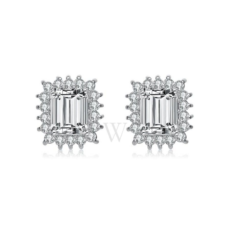 Sterling Silver Clear Emerald and Round Cubic Zirconia Stud Earrings
