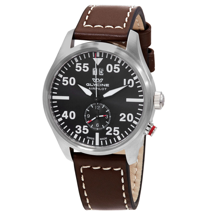 Men's Airpilot Dual Time Chronograph Leather Grey Dial Watch