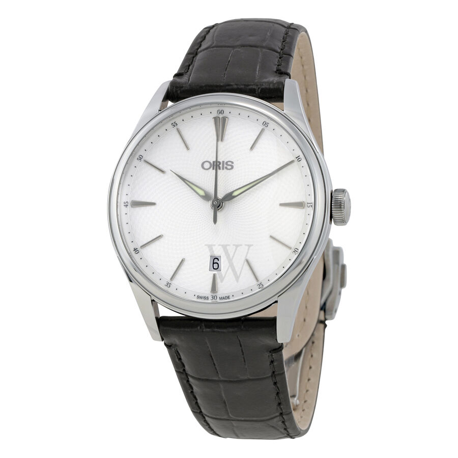 Men's Artelier Date Leather Silver Guilloche Dial Watch