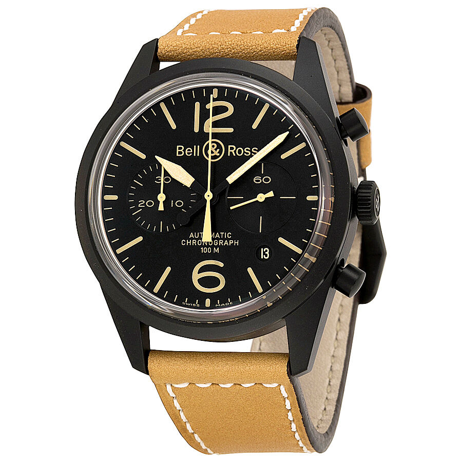 Men's BR 126 Vintage Chronograph Leather Black Dial Watch