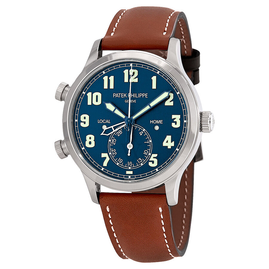 Men's Calatrava Pilot Travel Time (Calfskin) Leather Blue Varnished Dial Watch
