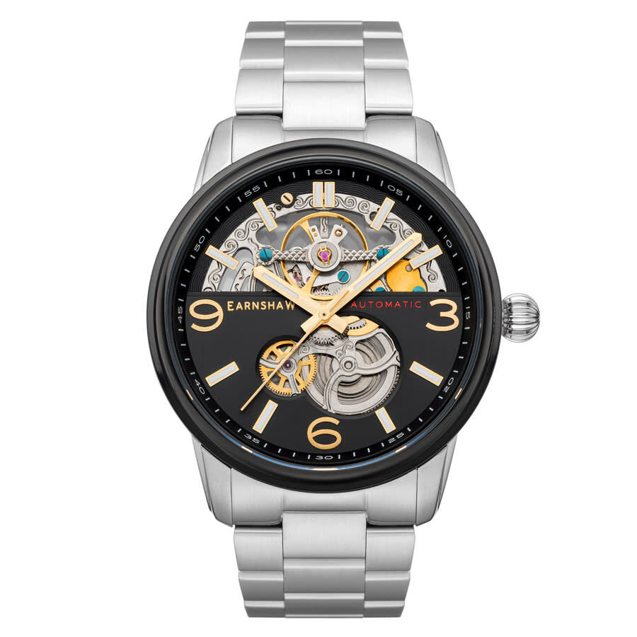 Men's Carlyle Skeleton Stainless Steel Black Dial Watch
