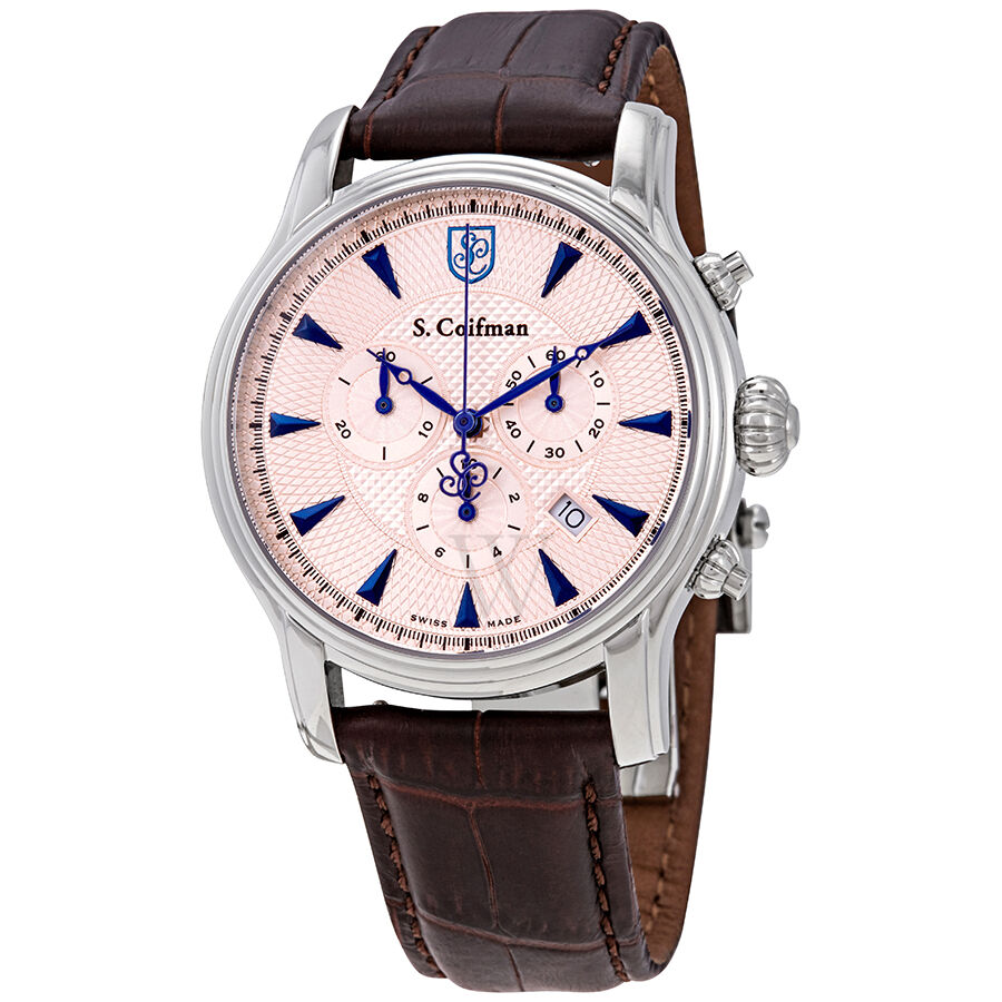 Men's Chronograph Calfskin Leather Rose Dial Watch