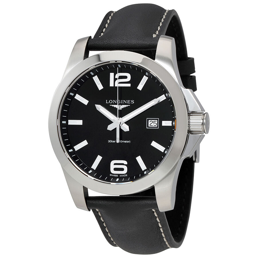 Men's Conquest Calfskin Leather Black Dial Watch