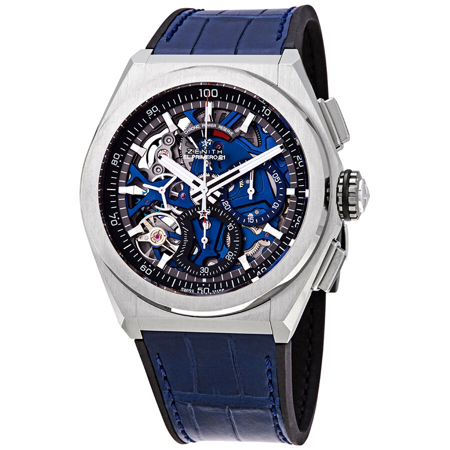 Men's Defy El Primero 21 Chronograph Rubber with a Blue Alligator Leather Inlay Blue Skeletal Dial Watch