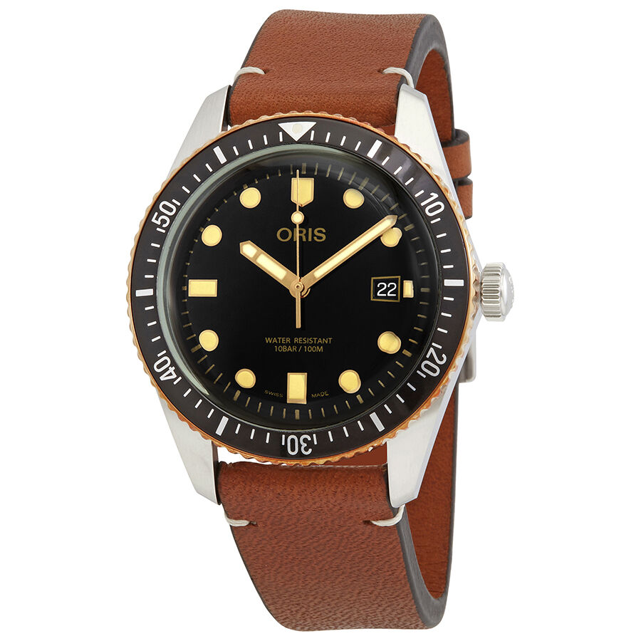 Men's Divers Sixty-Five Leather Black Dial Watch