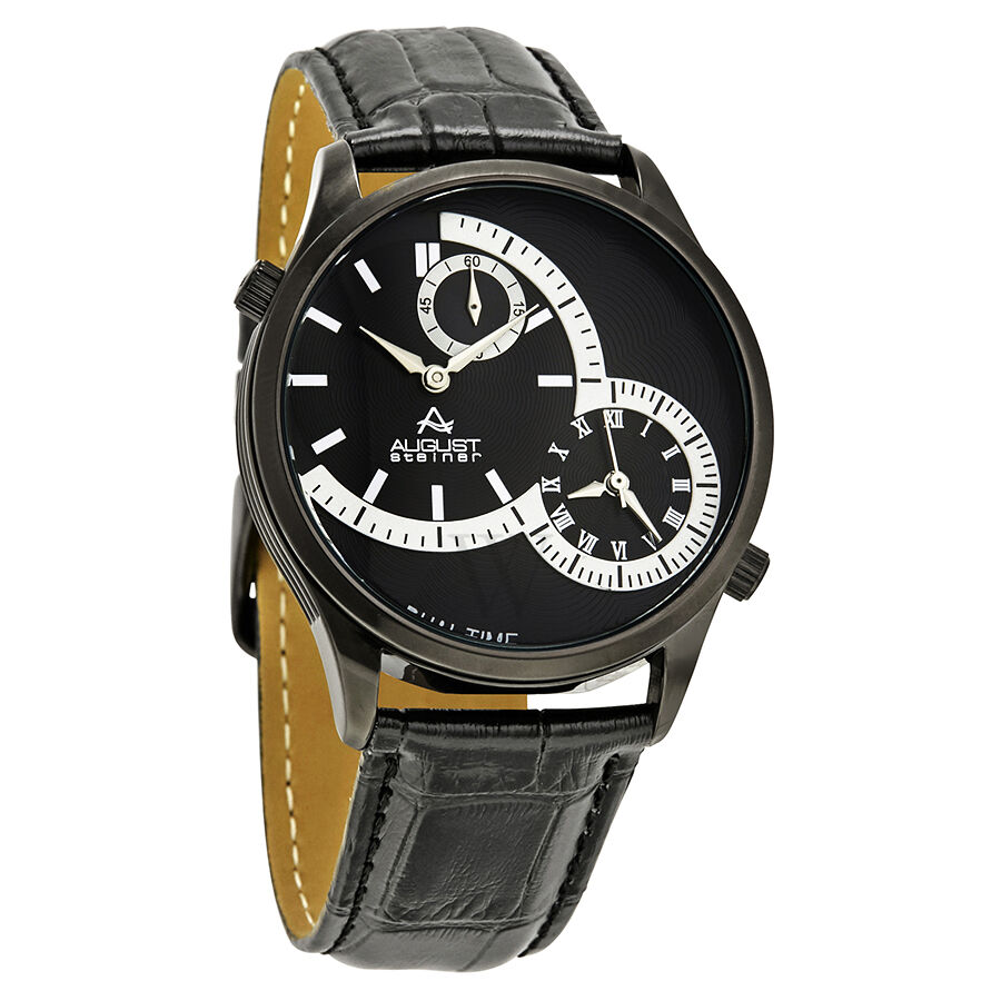 Men's Dual Time Leather Black Textured (Dual Time) Dial Watch