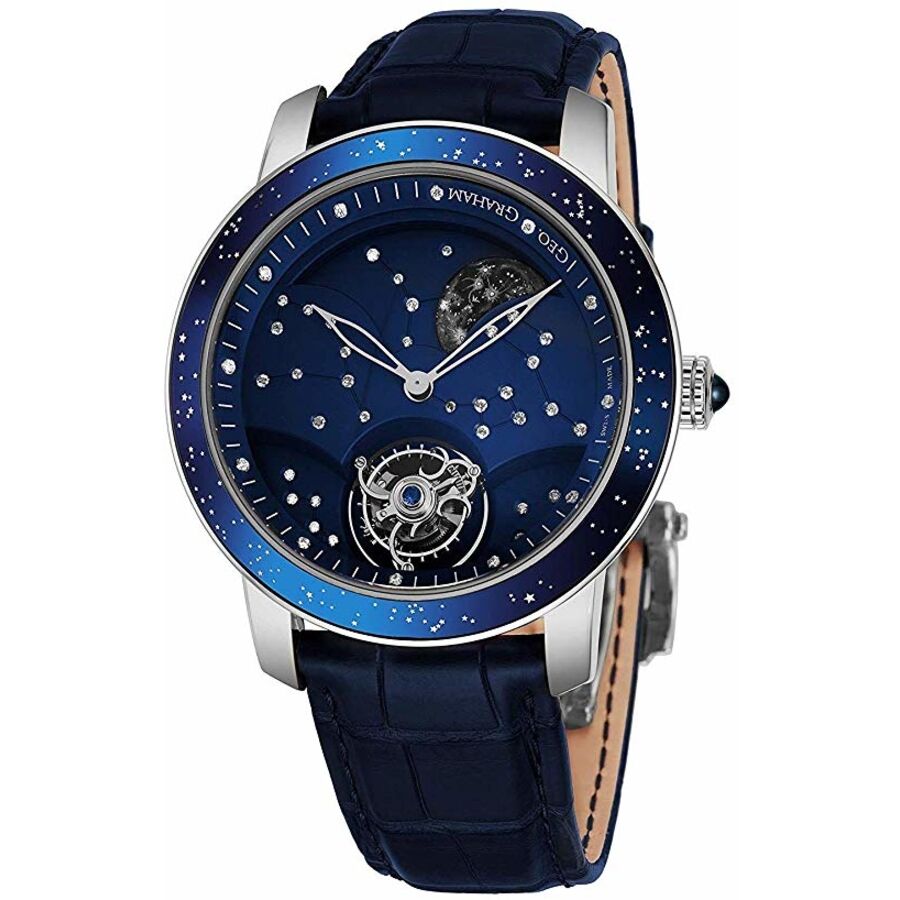 Men's Geo The Moon Alligator Leather Blue Constellation of 48 Diamonds Dial Watch