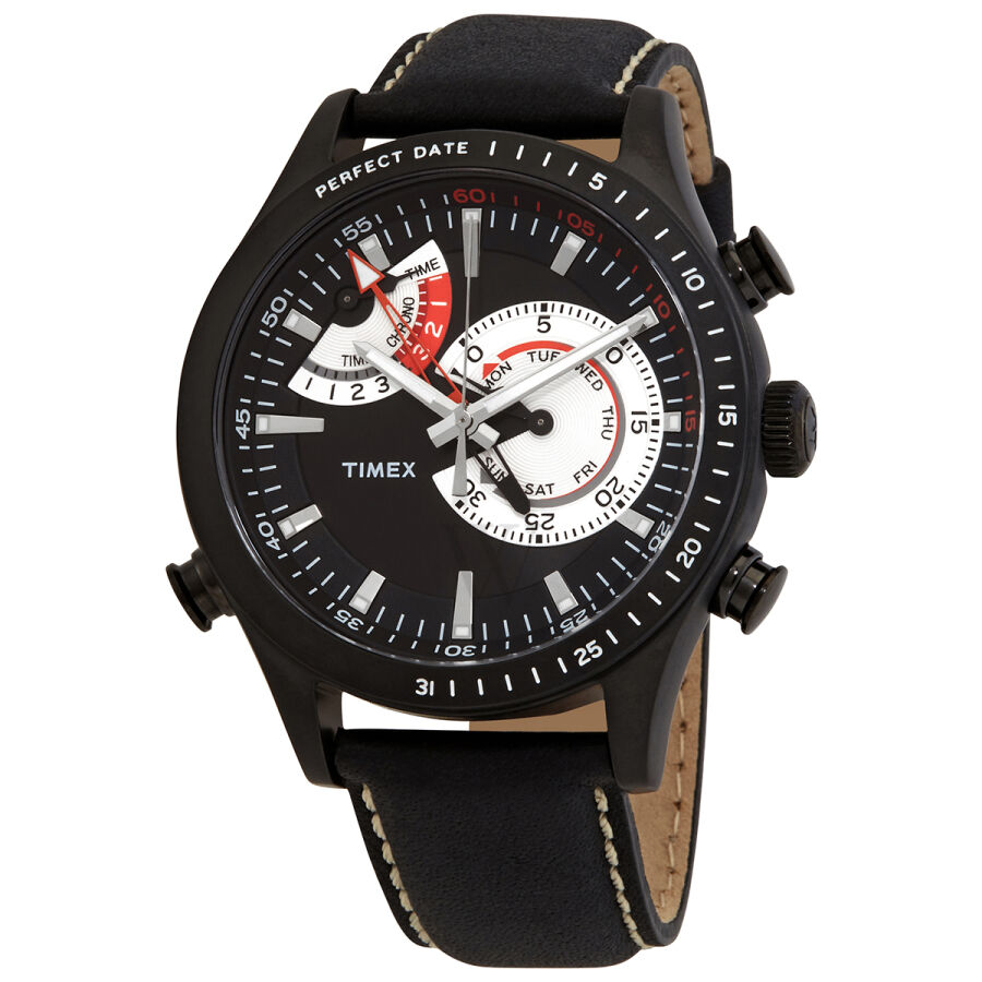 Men's Intelligent Quartz Chrono Timer Chronograph Leather Black Dial Watch