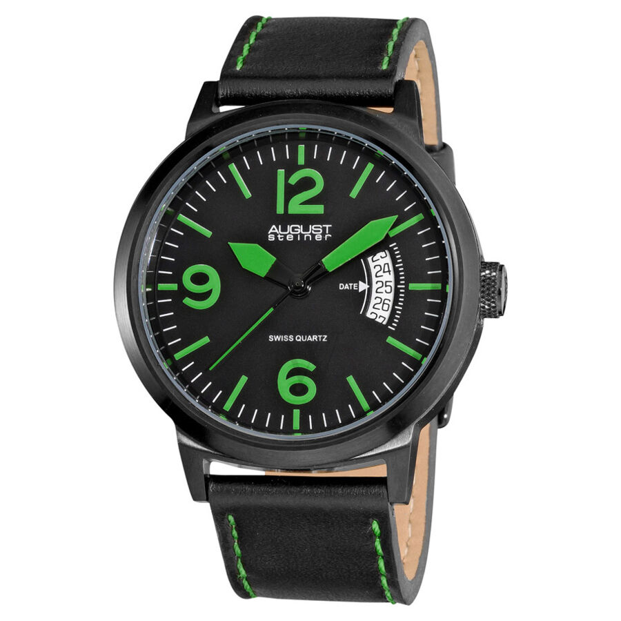 Men's Leather with green stitching Black Dial Watch