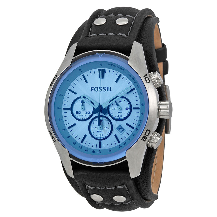 Men's Sport Cuff Chronograph (Calfskin) Leather Cuff Silver (Blue Crystal) Dial Watch