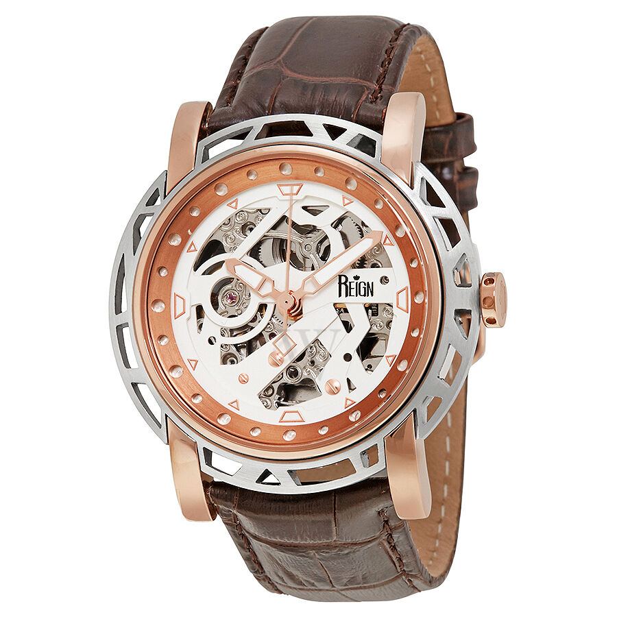 Men's Stavros (Croco-Embossed) Leather Rose (Skeleton Cut-Out) Dial Watch