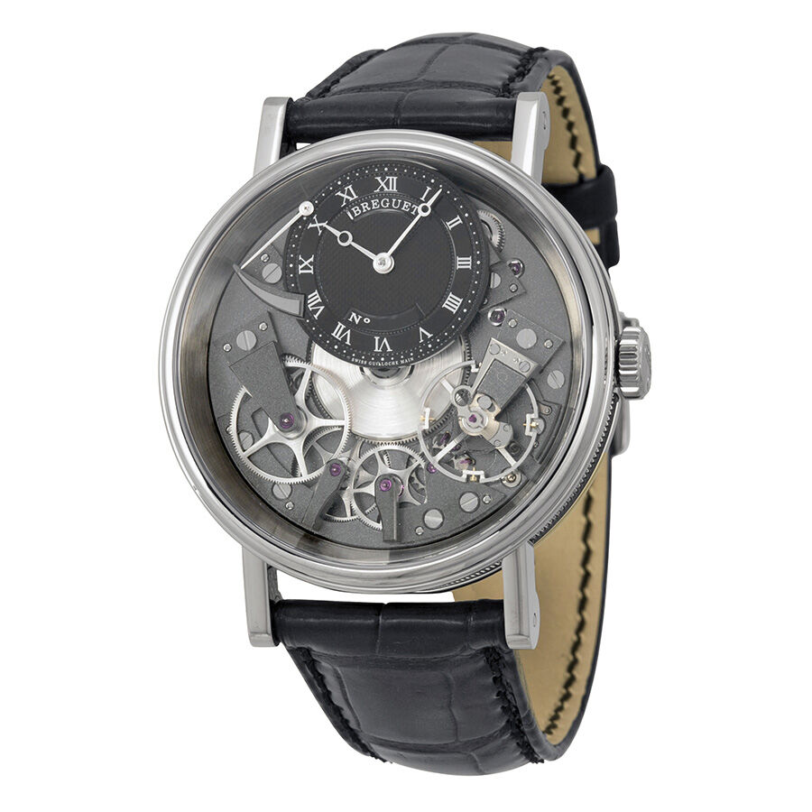 Men's Tradition Leather Black and Grey Skeleton Dial Watch